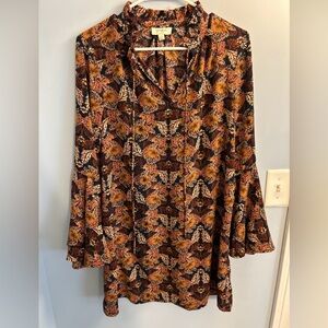 Umgee Women’s Dress Size Small Gold Brown Navy Floral V-Neck Ruffle Bell Sleeve